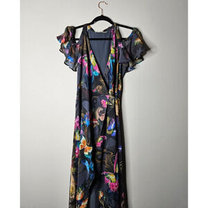 Boston Proper Multicolor Neon Psychedelic Butterfly True Wrap Maxi Dress Size 4